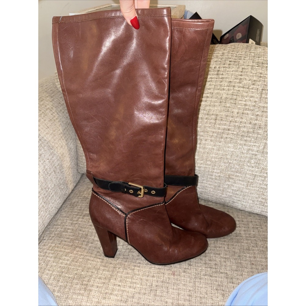Rockport Brown Leather Buckle Knee High Boots Heeled Y2K Grunge Boho Size 9.5